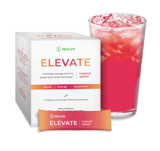 NeoLife Elevate energijos papildas – tropinių vaisių skonio milteliai su natūraliu kofeinu, L-teaninu, vitaminais ir aminorūgštimis. Pakuotėje 30 pakelių.